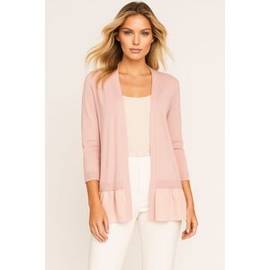 LOFT ROSE GOLD SATIN RUFFLE TRIM THIN CLASSIC OPEN CARDIGAN SWEATER SIZE: S NWT